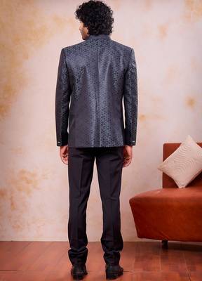Grey & black imported jacquard fabric 3 piece jacket jodhpuri for men 3