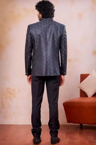 Grey & black imported jacquard fabric 3 piece jacket jodhpuri for men