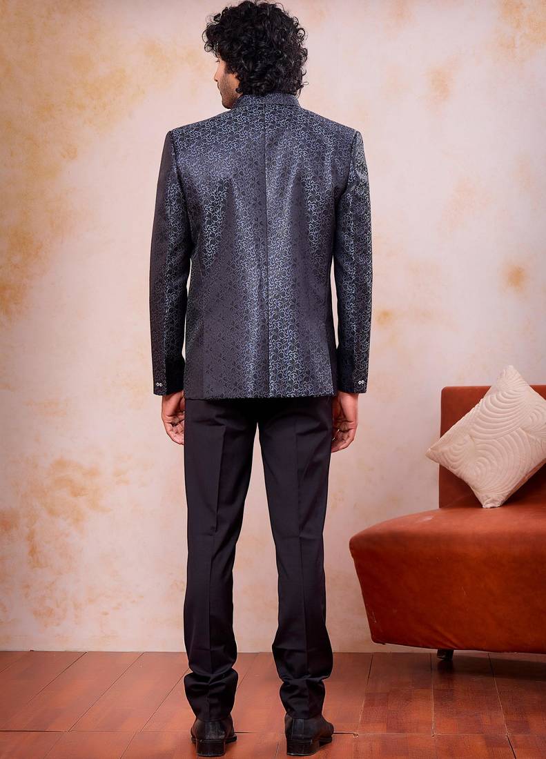 Grey & black imported jacquard fabric 3 piece jacket jodhpuri for men