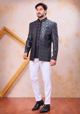 Grey & black imported jacquard fabric 3 piece jacket jodhpuri for men 1