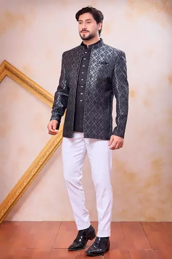 Grey & black imported jacquard fabric 3 piece jacket jodhpuri for men