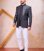 Grey & black imported jacquard fabric 3 piece jacket jodhpuri for men