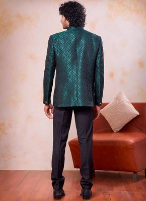 Green & black imported jacquard fabric 3 piece jacket jodhpuri for men 3