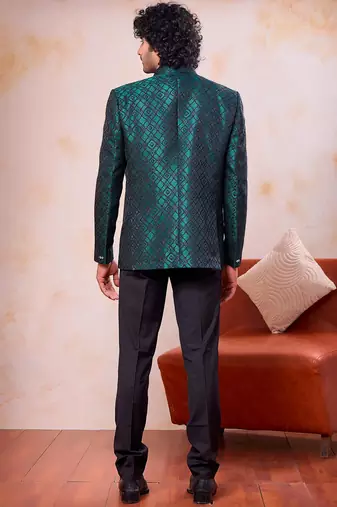 Green & black imported jacquard fabric 3 piece jacket jodhpuri for men
