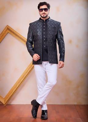 Grey & black imported jacquard fabric 3 piece jacket jodhpuri for men 2