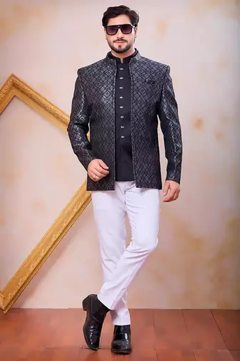Grey & black imported jacquard fabric 3 piece jacket jodhpuri for men