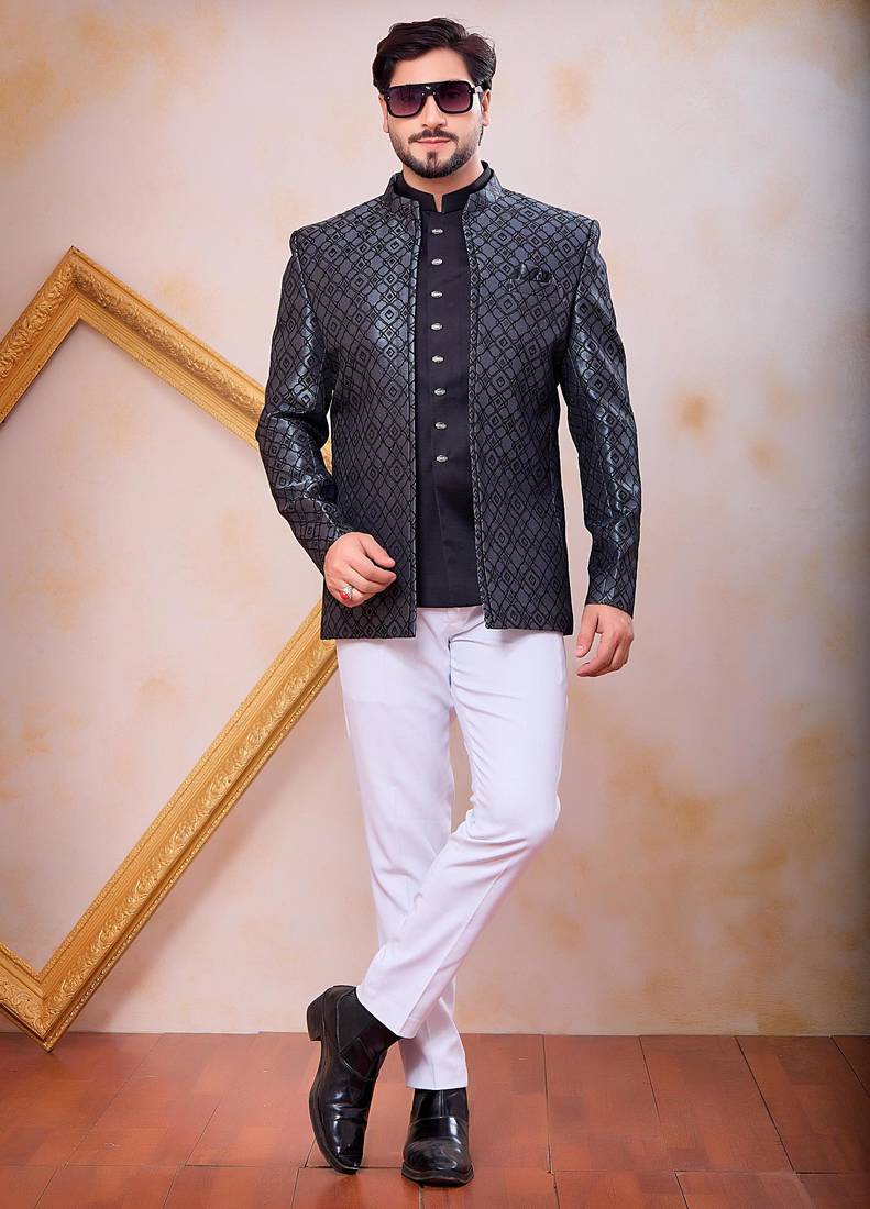 Grey & black imported jacquard fabric 3 piece jacket jodhpuri for men