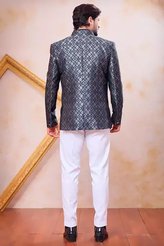 Grey & black imported jacquard fabric 3 piece jacket jodhpuri for men