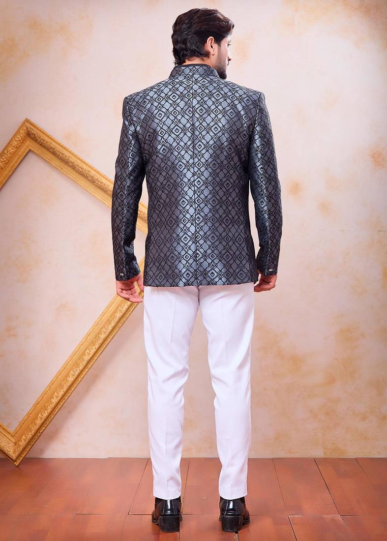 Grey & black imported jacquard fabric 3 piece jacket jodhpuri for men