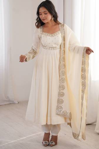 Off white roman silk blend gown set with chanderi dupatta