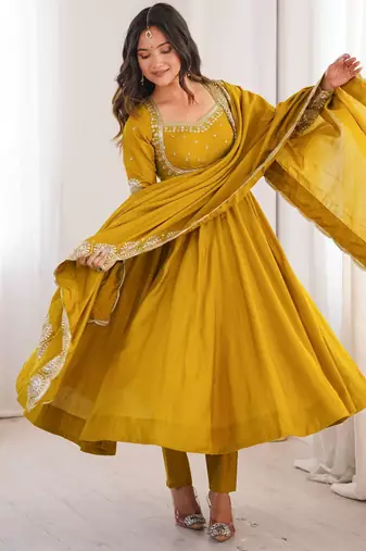 Mustard yellow roman silk blend gown set with chanderi dupatta