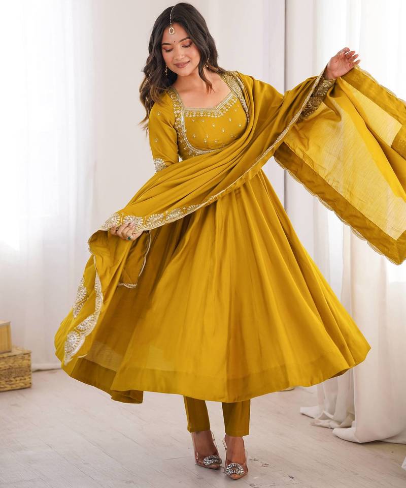 Mustard yellow roman silk blend gown set with chanderi dupatta