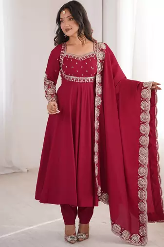 Maroon roman silk blend gown set with chanderi dupatta