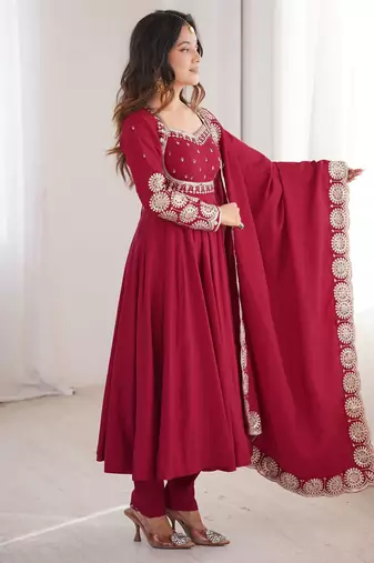Maroon roman silk blend gown set with chanderi dupatta