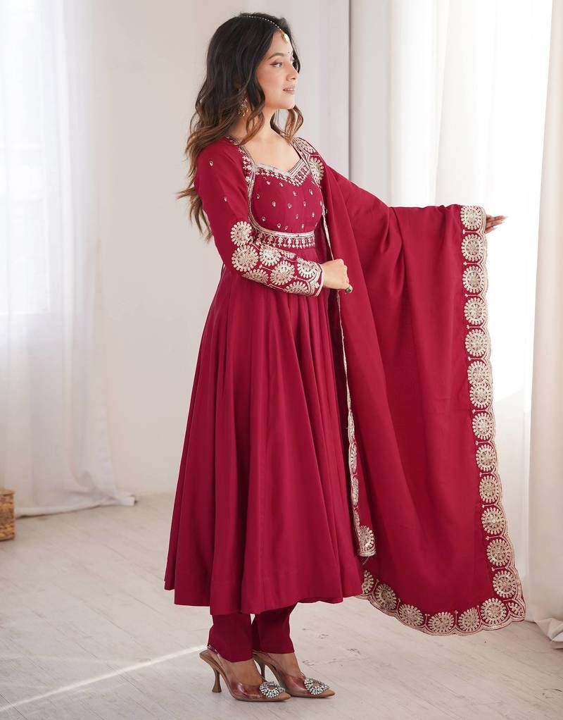 Maroon roman silk blend gown set with chanderi dupatta