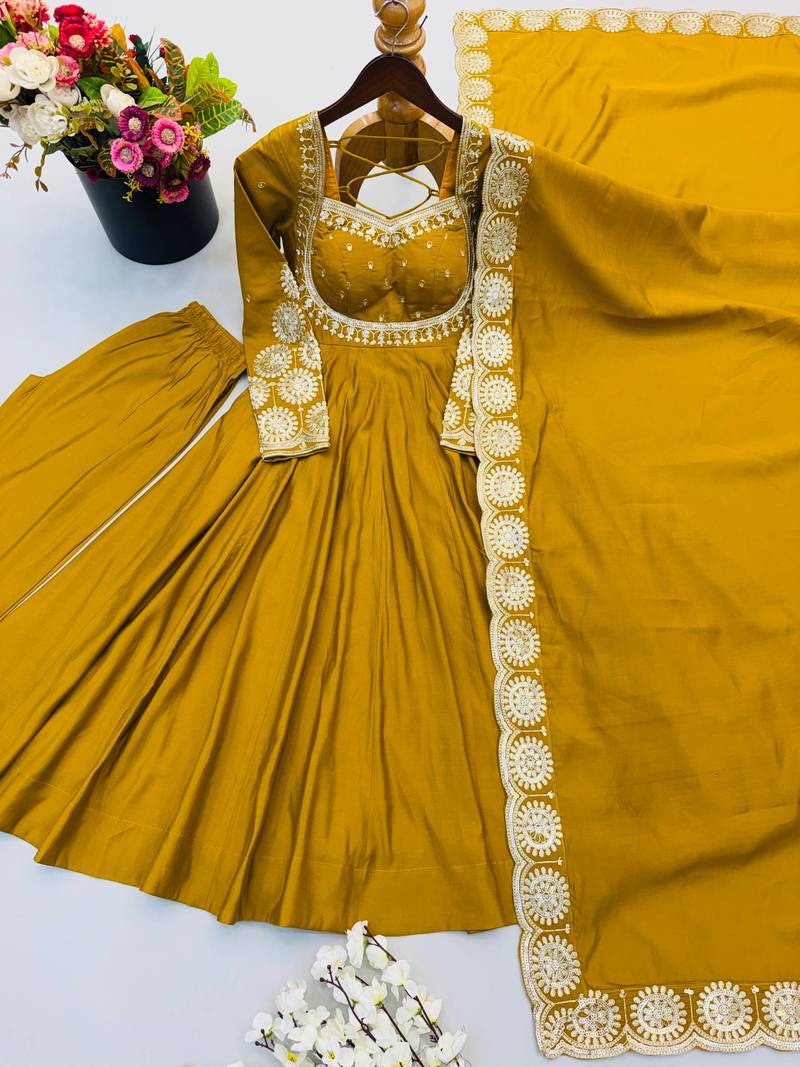 Mustard yellow roman silk blend gown set with chanderi dupatta