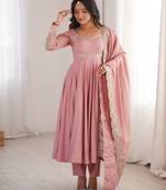 Pink roman silk blend gown set with chanderi dupatta