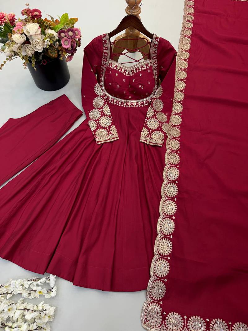 Maroon roman silk blend gown set with chanderi dupatta