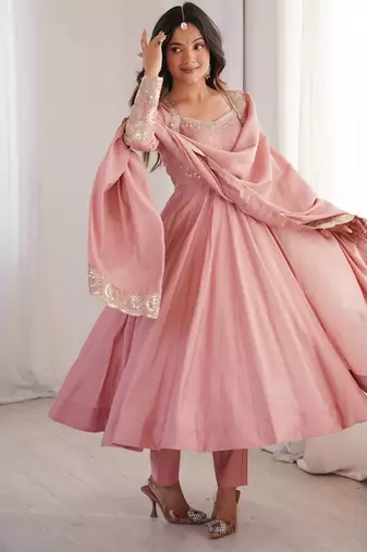 Pink roman silk blend gown set with chanderi dupatta