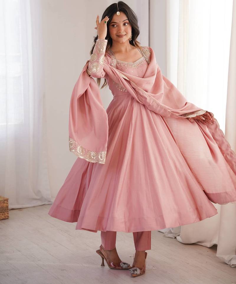 Pink roman silk blend gown set with chanderi dupatta