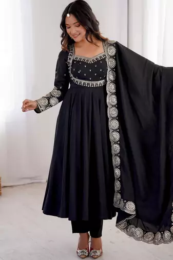 Black roman silk blend gown set with chanderi dupatta