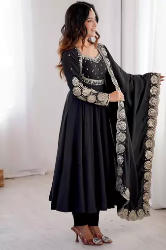 Black roman silk blend gown set with chanderi dupatta