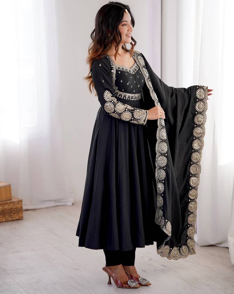 Black roman silk blend gown set with chanderi dupatta