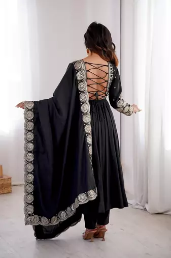 Black roman silk blend gown set with chanderi dupatta