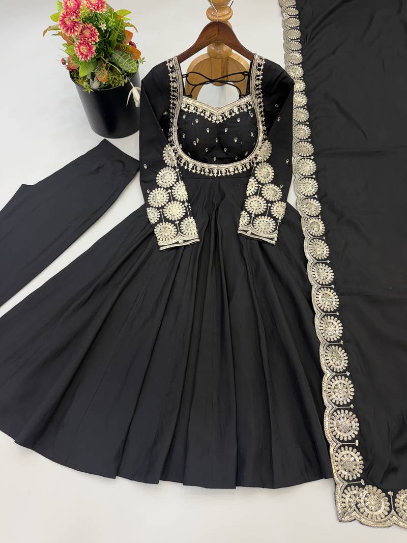 Black roman silk blend gown set with chanderi dupatta