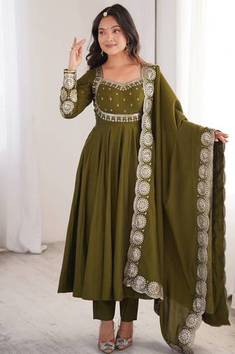 Olive green roman silk blend gown set with chanderi dupatta