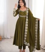 Olive green roman silk blend gown set with chanderi dupatta