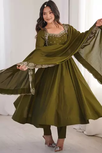 Olive green roman silk blend gown set with chanderi dupatta