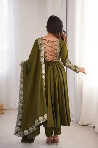 Olive green roman silk blend gown set with chanderi dupatta