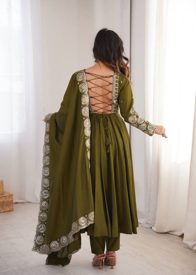 Olive green roman silk blend gown set with chanderi dupatta