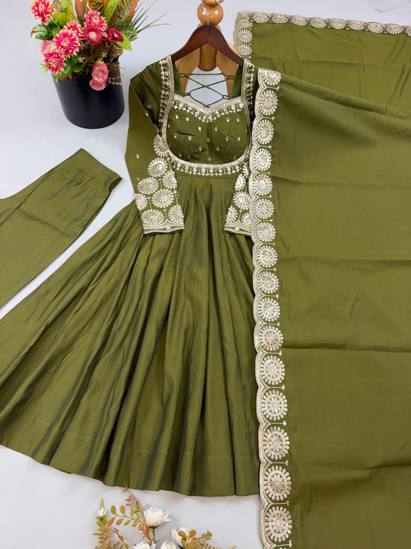 Olive green roman silk blend gown set with chanderi dupatta