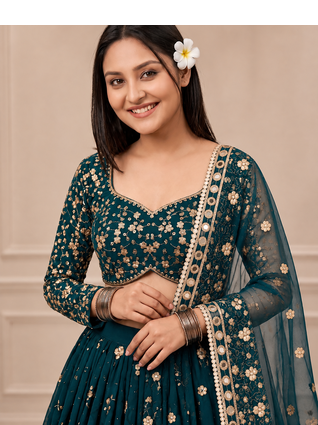 Teal Color Embroidery,Sequins And Diamond Work Georgette Lehenga Choli  1