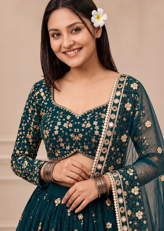 Teal Color Embroidery,Sequins And Diamond Work Georgette Lehenga Choli 