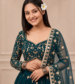 Teal Color Embroidery,Sequins And Diamond Work Georgette Lehenga Choli 