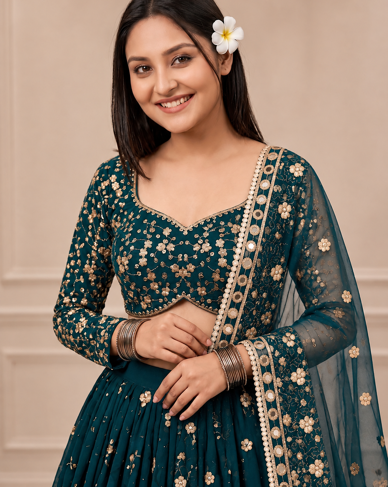 Teal Color Embroidery,Sequins And Diamond Work Georgette Lehenga Choli 