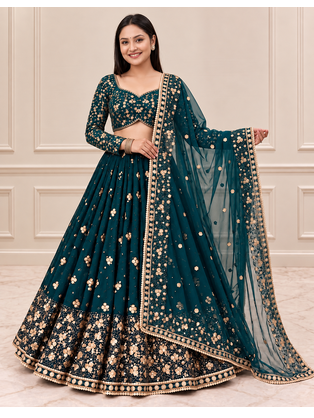 Teal Color Embroidery,Sequins And Diamond Work Georgette Lehenga Choli  2