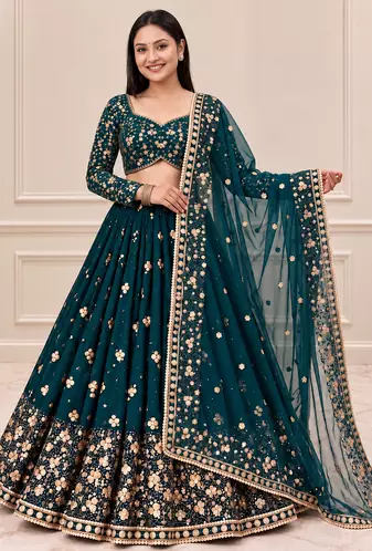 Teal Color Embroidery,Sequins And Diamond Work Georgette Lehenga Choli 
