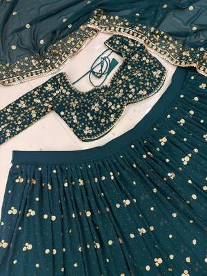 Teal Color Embroidery,Sequins And Diamond Work Georgette Lehenga Choli  3