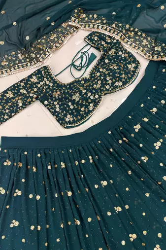 Teal Color Embroidery,Sequins And Diamond Work Georgette Lehenga Choli 