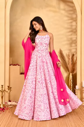 Gulab pink floral anarkali kurta with dupatta
