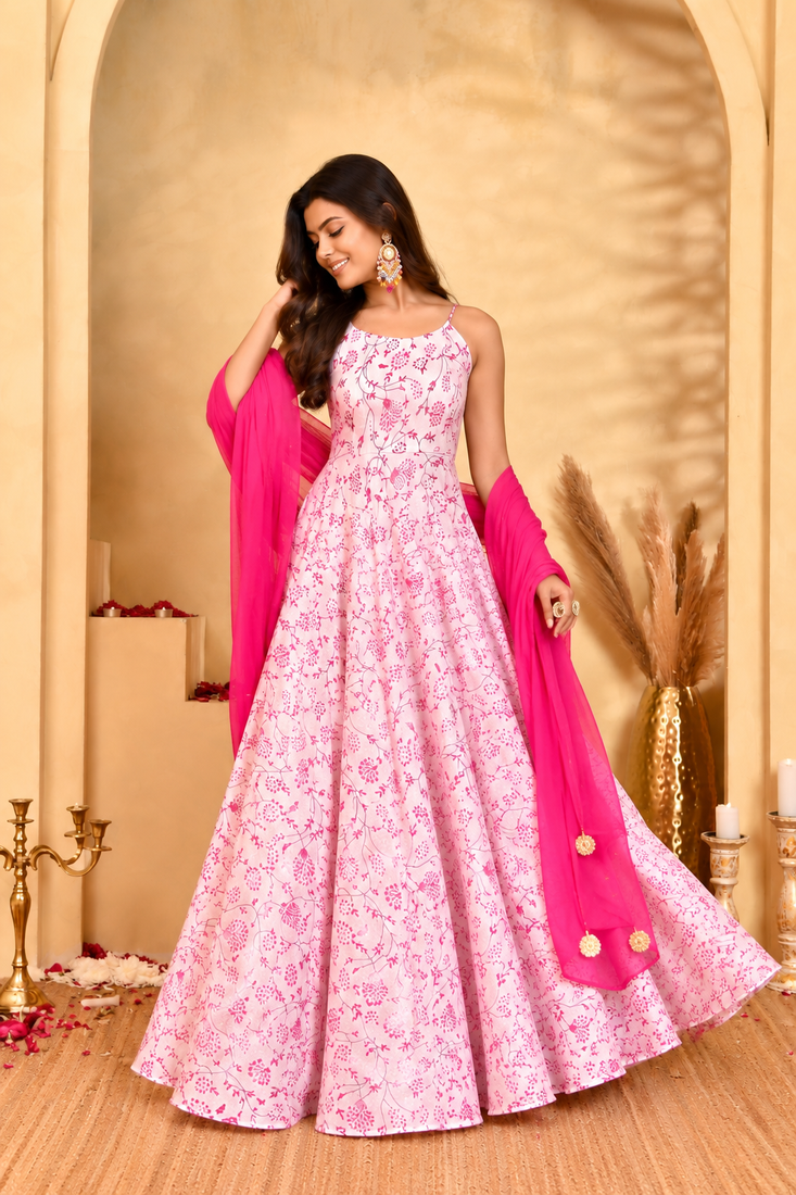 Gulab pink floral anarkali kurta with dupatta