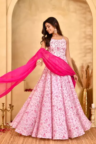 Gulab pink floral anarkali kurta with dupatta