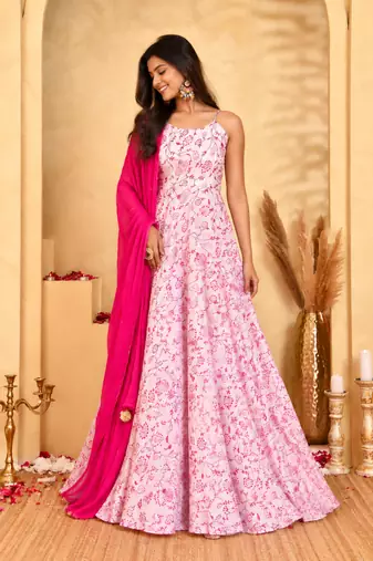 Gulab pink floral anarkali kurta with dupatta