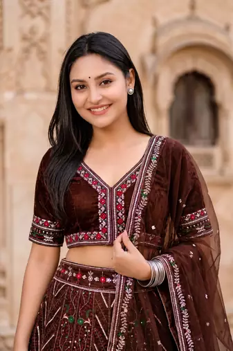Dark Brown Color Thread,Sequins And Dori Work Thai Silk_Blend Lehenga Choli