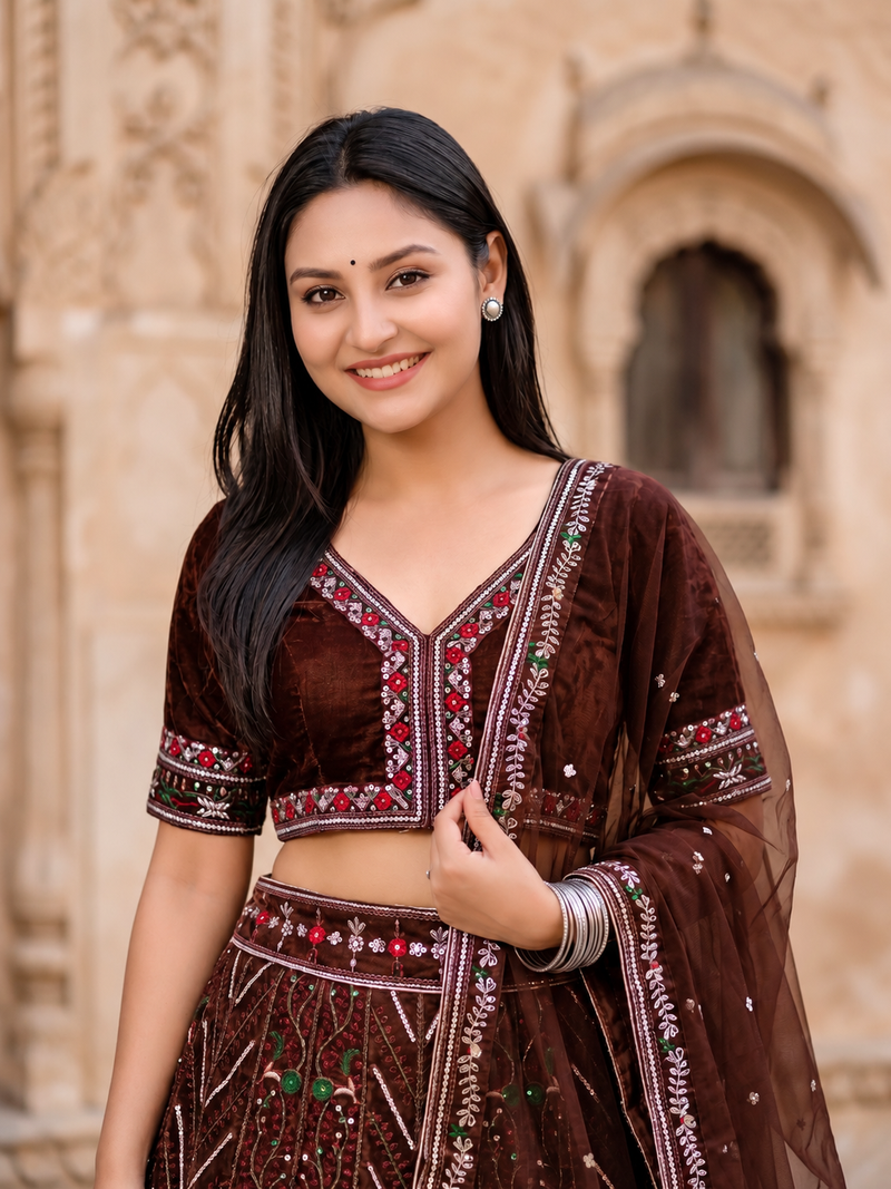 Dark Brown Color Thread,Sequins And Dori Work Thai Silk_Blend Lehenga Choli