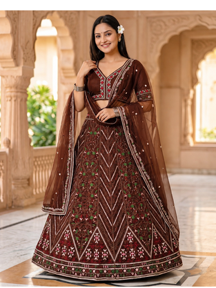 Dark Brown Color Thread,Sequins And Dori Work Thai Silk_Blend Lehenga Choli 1